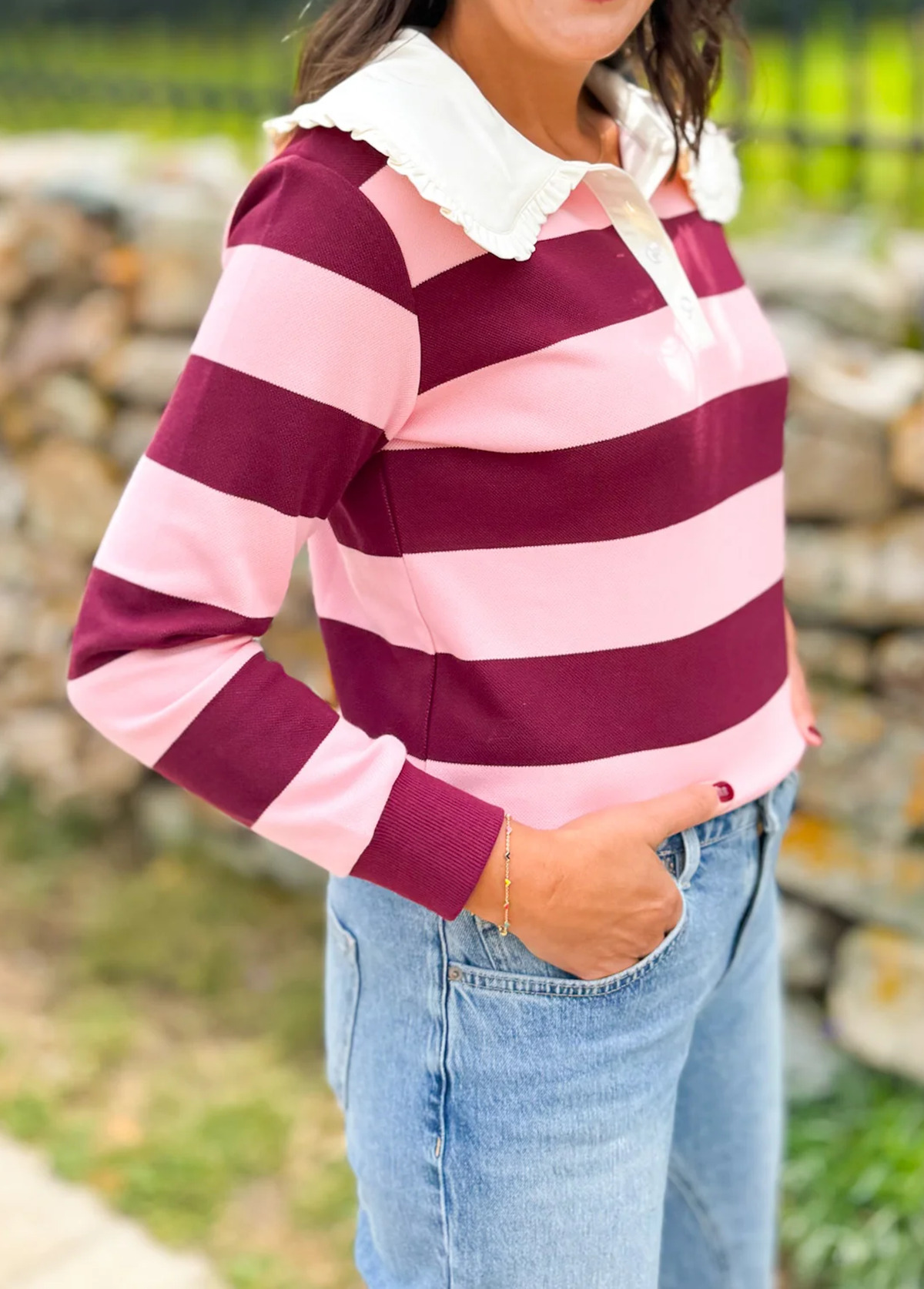 Sweet Doll Collar Color-Blocked Striped Pullover