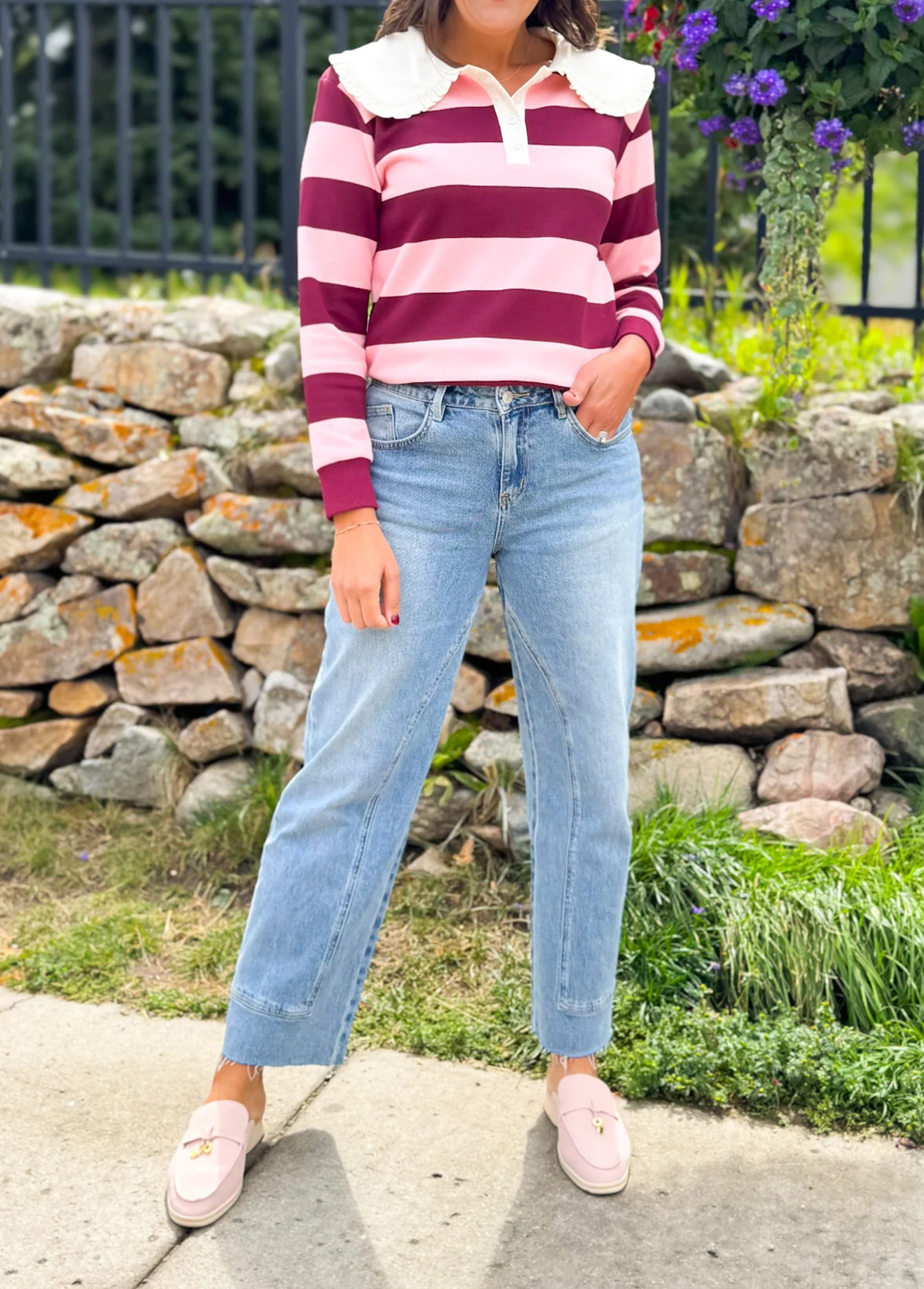 Sweet Doll Collar Color-Blocked Striped Pullover