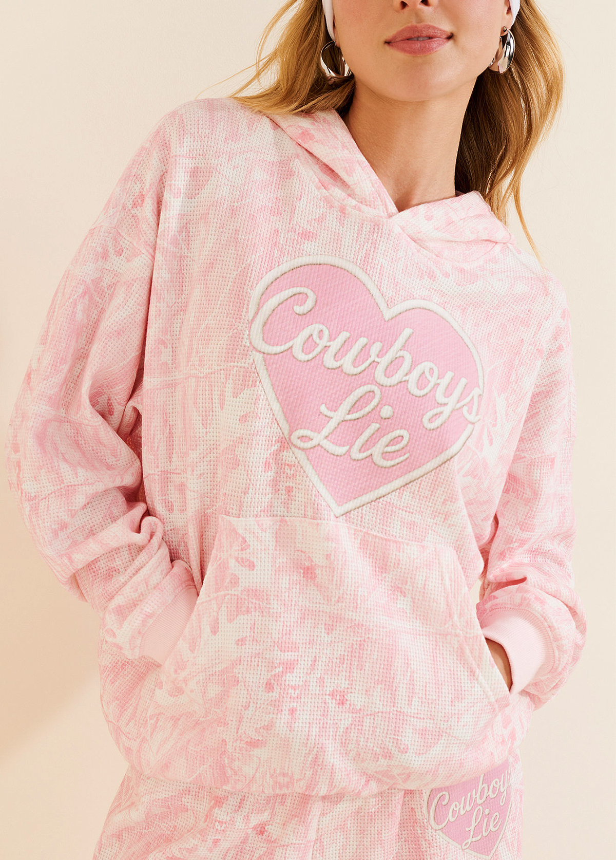 Sweet Waffle Hooded And Lace Shorts Set