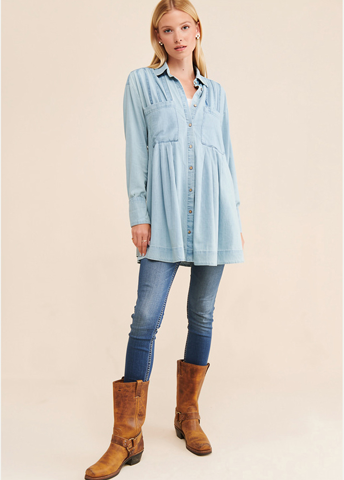 Casual High-Waist Slimming Denim Ruched Tunic