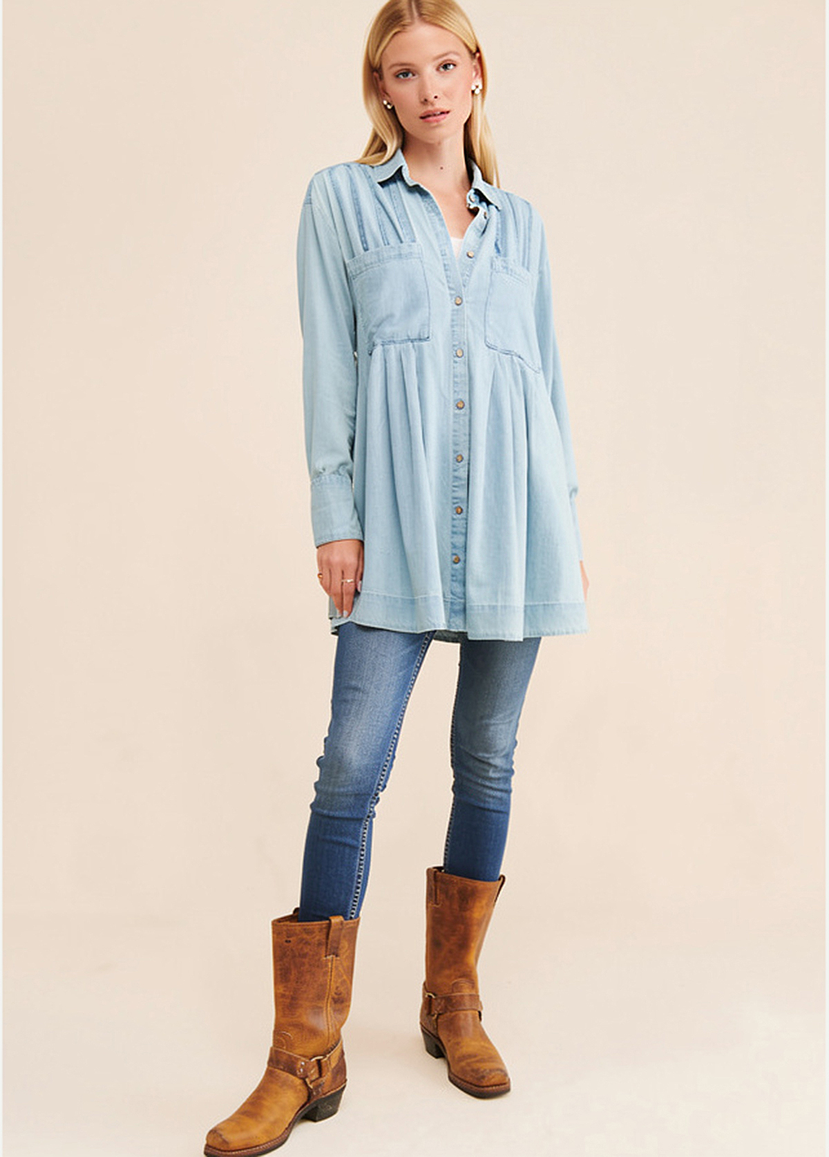 Casual High-Waist Slimming Denim Ruched Tunic