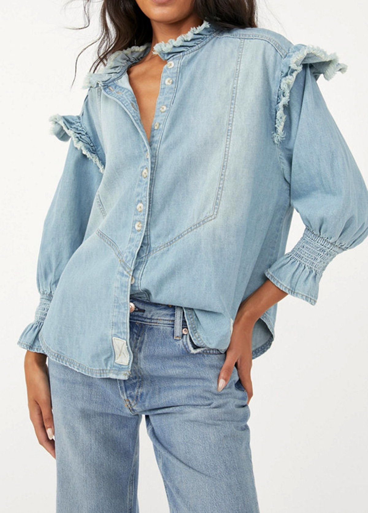Vintage Frayed Ruffled Denim Button-Down Top