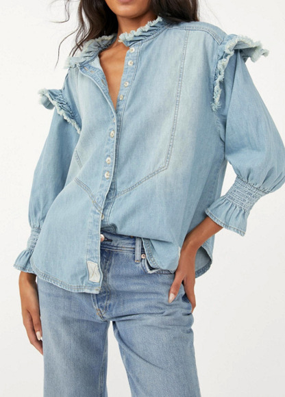 Vintage Frayed Ruffled Denim Button-Down Top