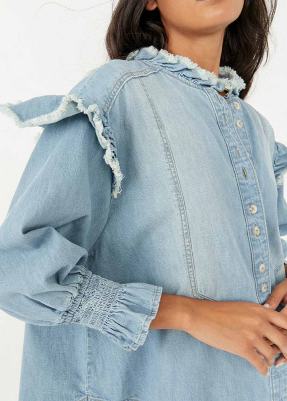 Vintage Frayed Ruffled Denim Button-Down Top