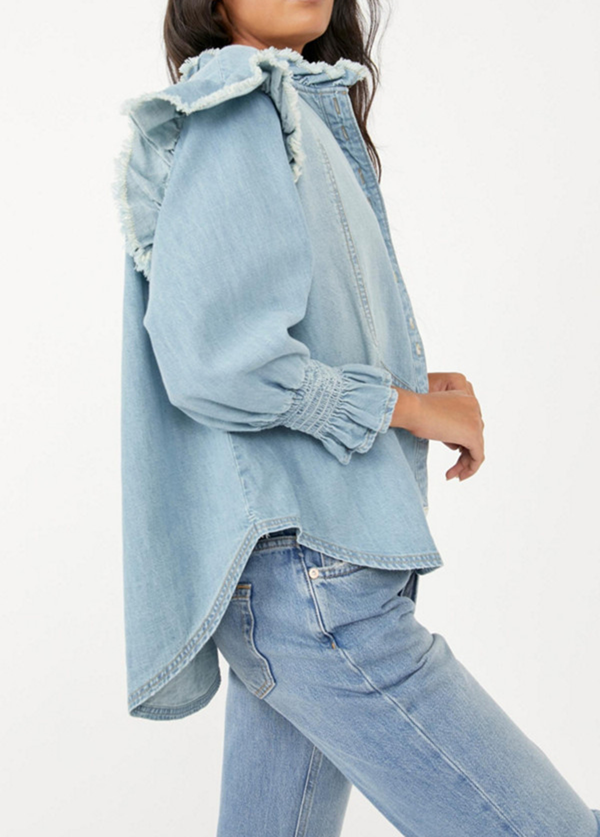 Vintage Frayed Ruffled Denim Button-Down Top