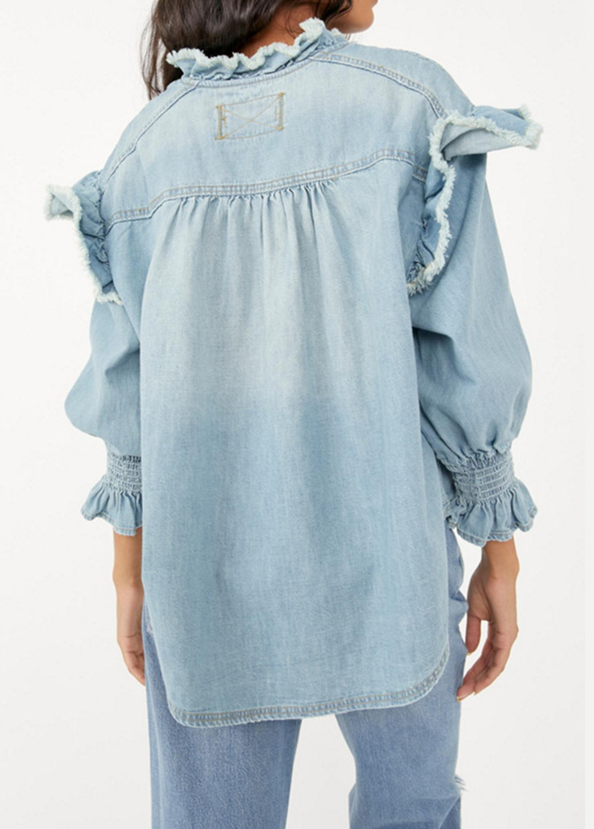 Vintage Frayed Ruffled Denim Button-Down Top