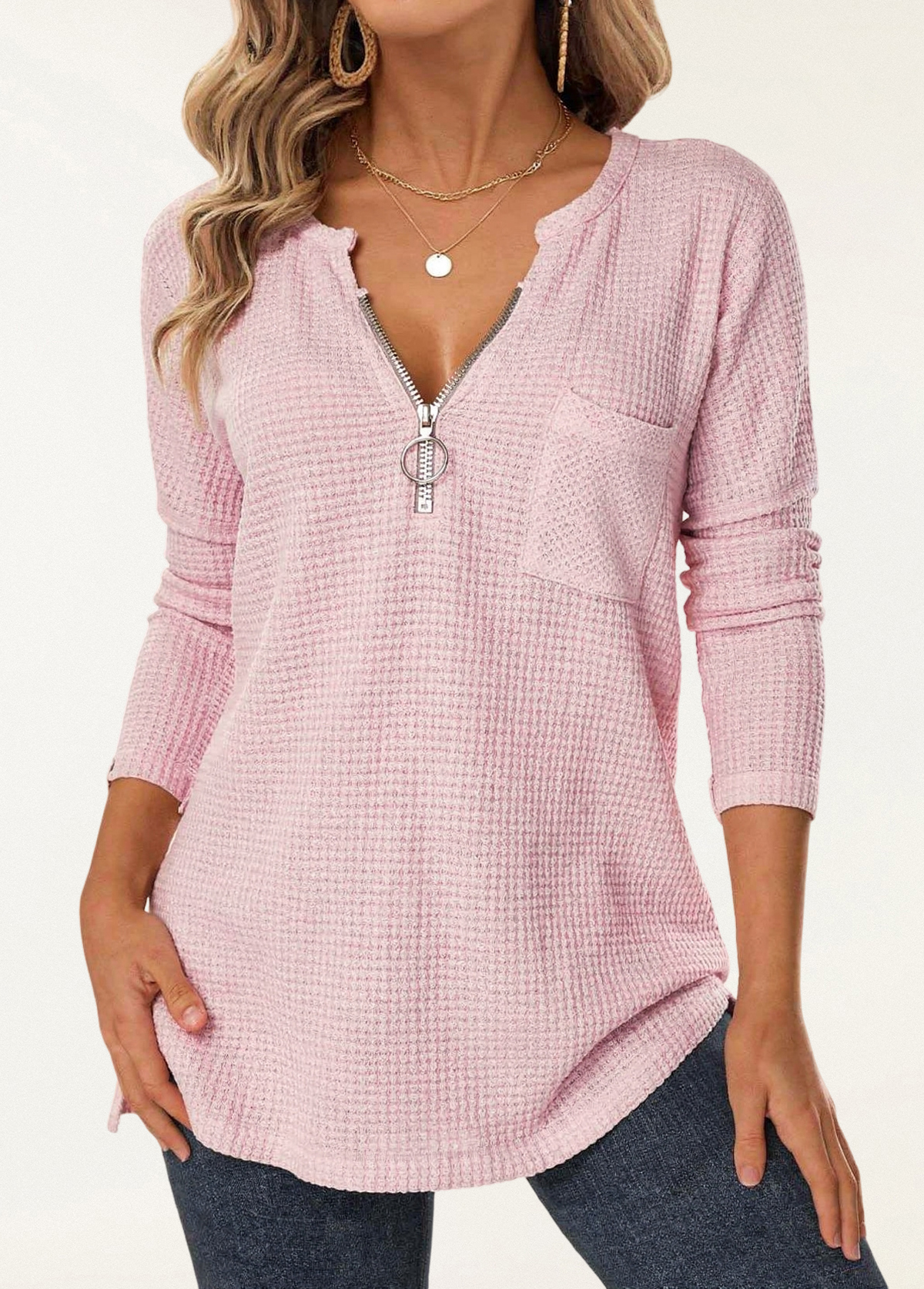 Soft Waffle Zip-Up V-Neck Pullover