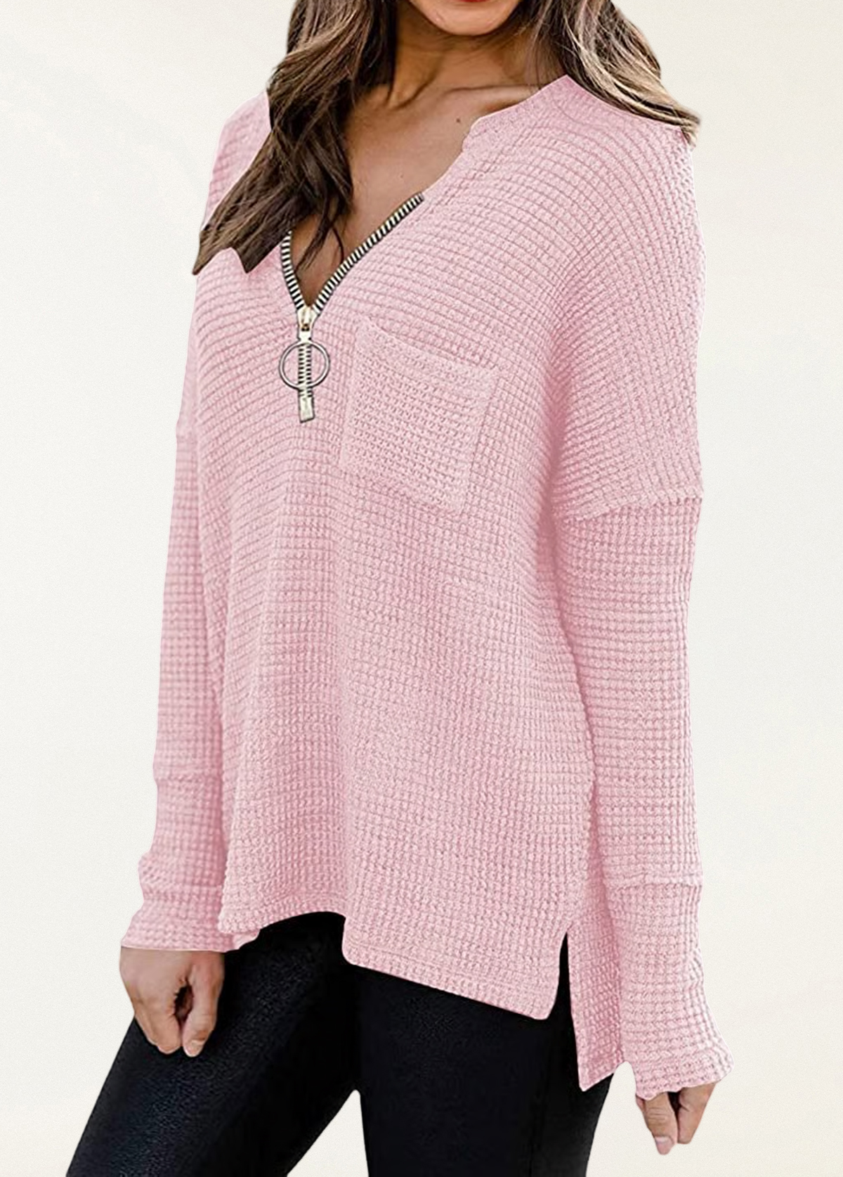 Soft Waffle Zip-Up V-Neck Pullover