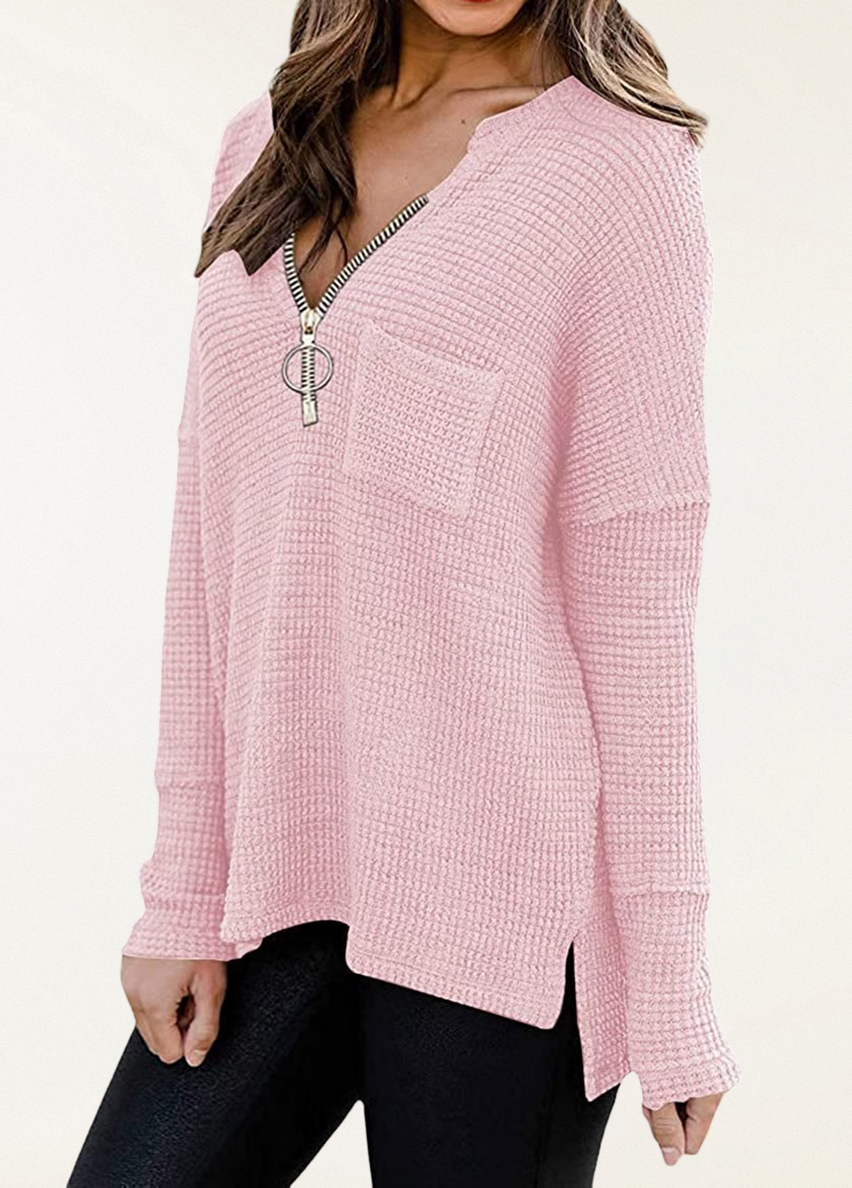 Soft Waffle Zip-Up V-Neck Pullover