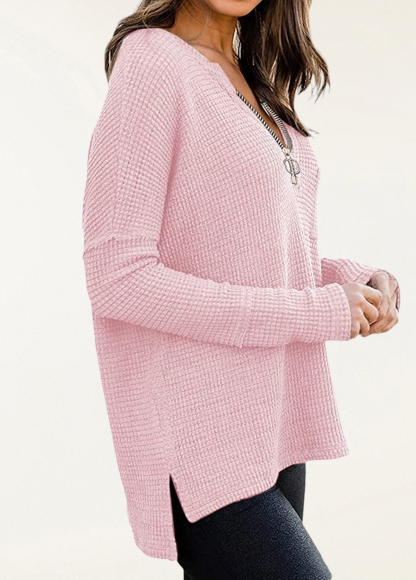 Soft Waffle Zip-Up V-Neck Pullover