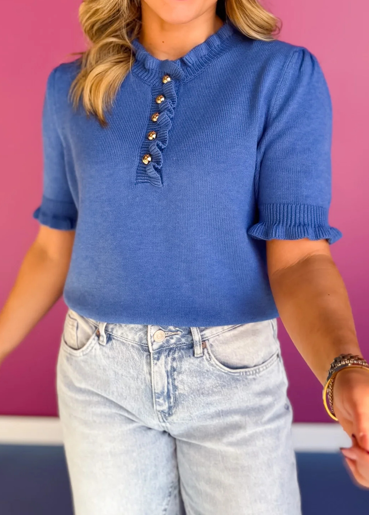 Sweet Ruffled Metal Button Sweater