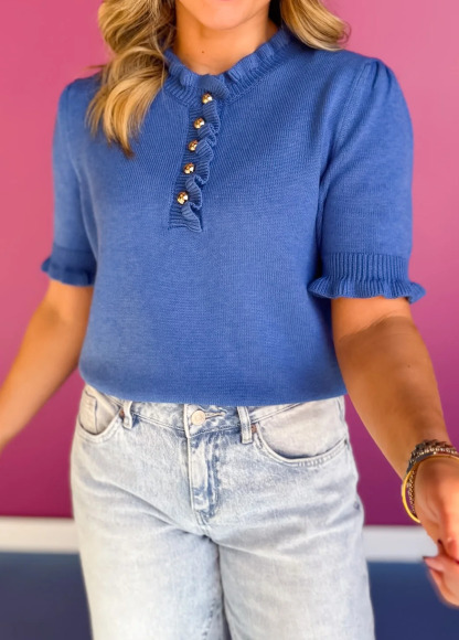 Sweet Ruffled Metal Button Sweater