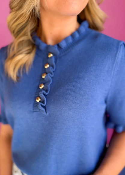 Sweet Ruffled Metal Button Sweater