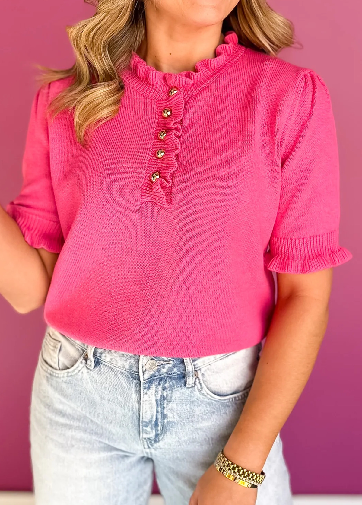 Sweet Ruffled Metal Button Sweater