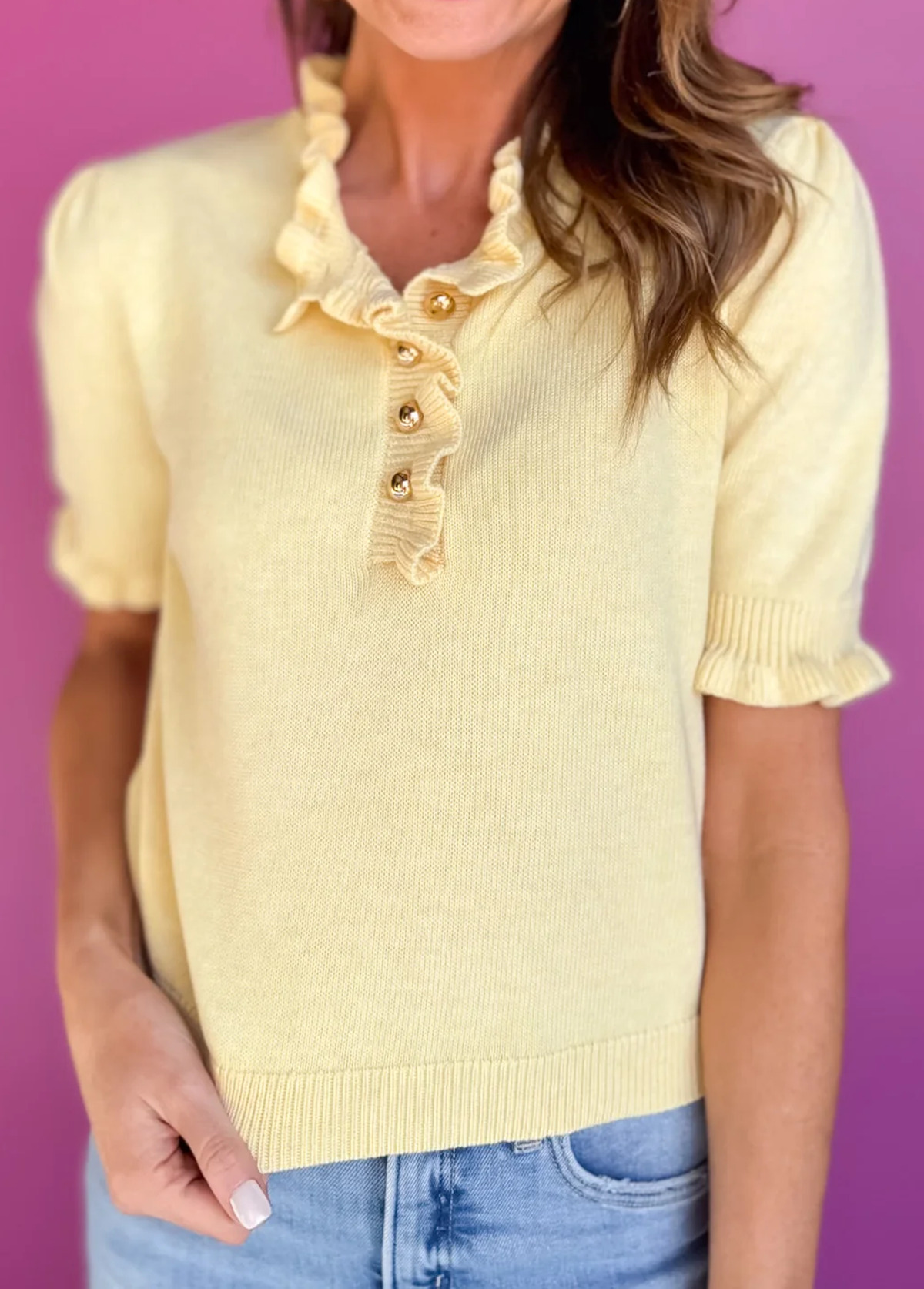 Sweet Ruffled Metal Button Sweater
