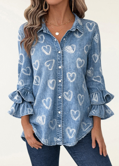 Heart-Print Denim Ruffle Sleeves Shirt