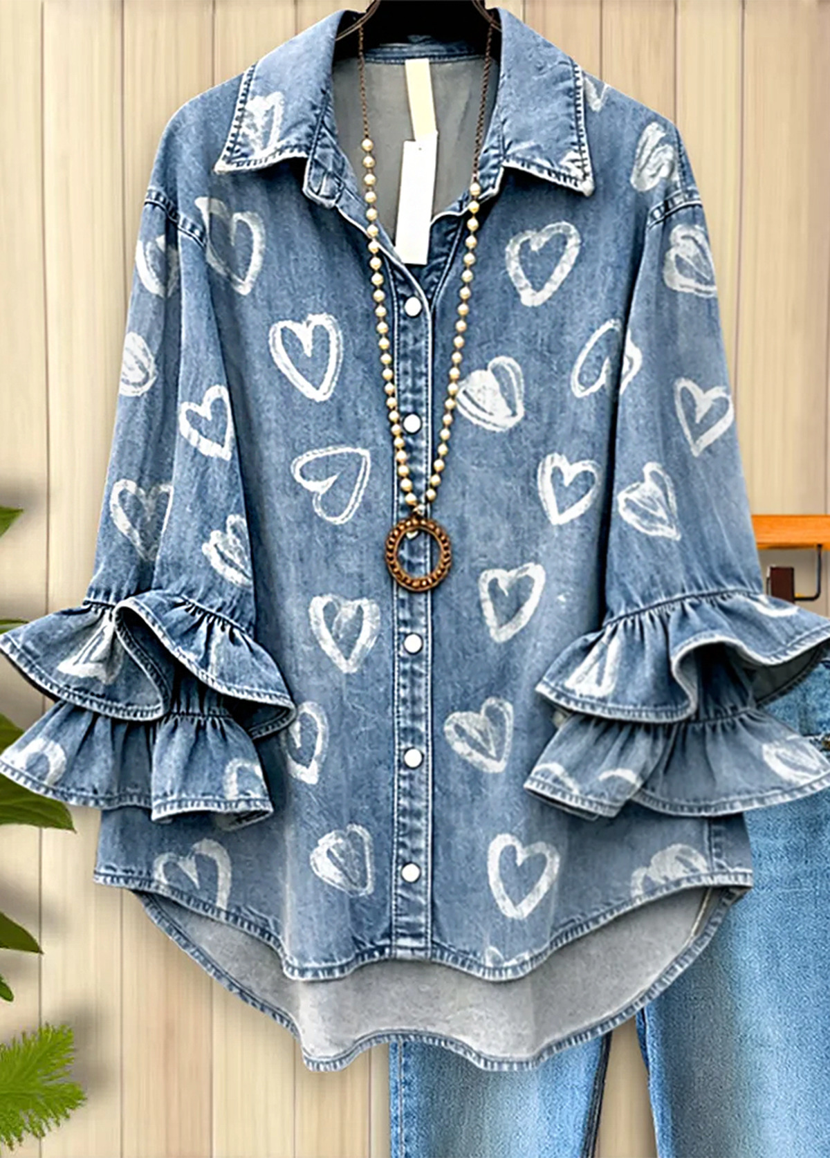 Heart-Print Denim Ruffle Sleeves Shirt