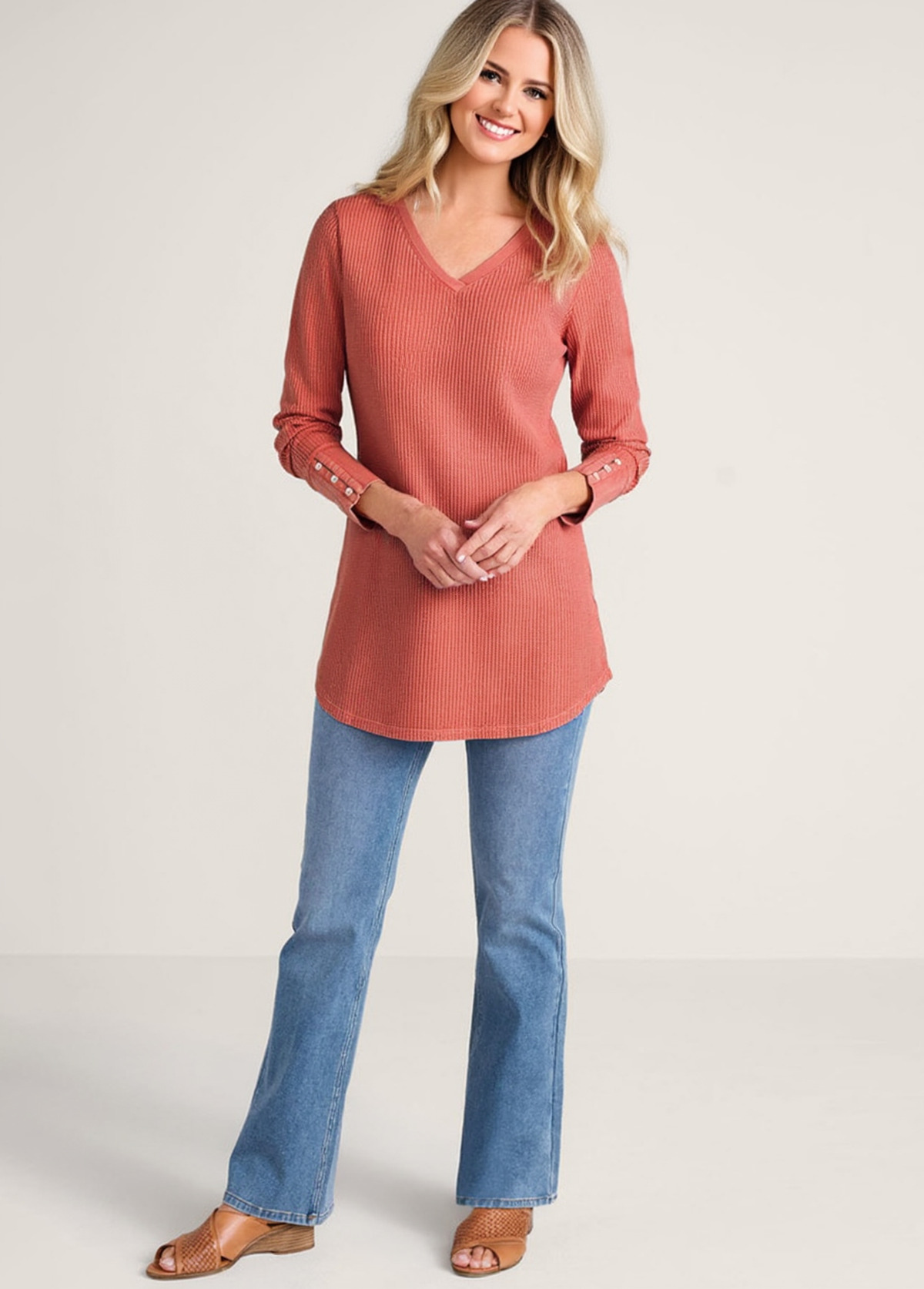 Classic Waffle Waisted Slimming Buttoned Cuffs Tunic