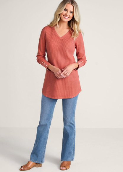 Classic Waffle Waisted Slimming Buttoned Cuffs Tunic