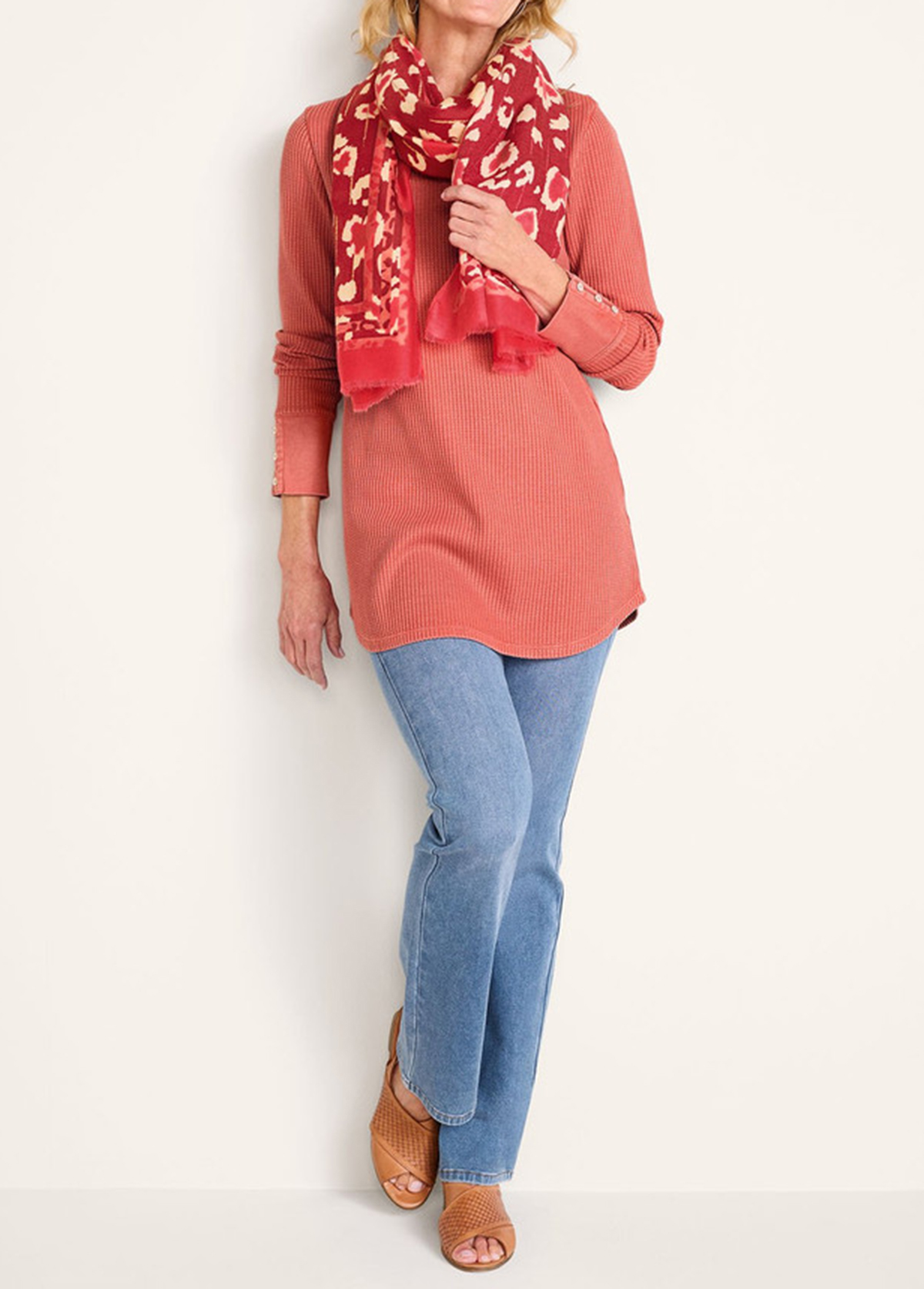 Classic Waffle Waisted Slimming Buttoned Cuffs Tunic