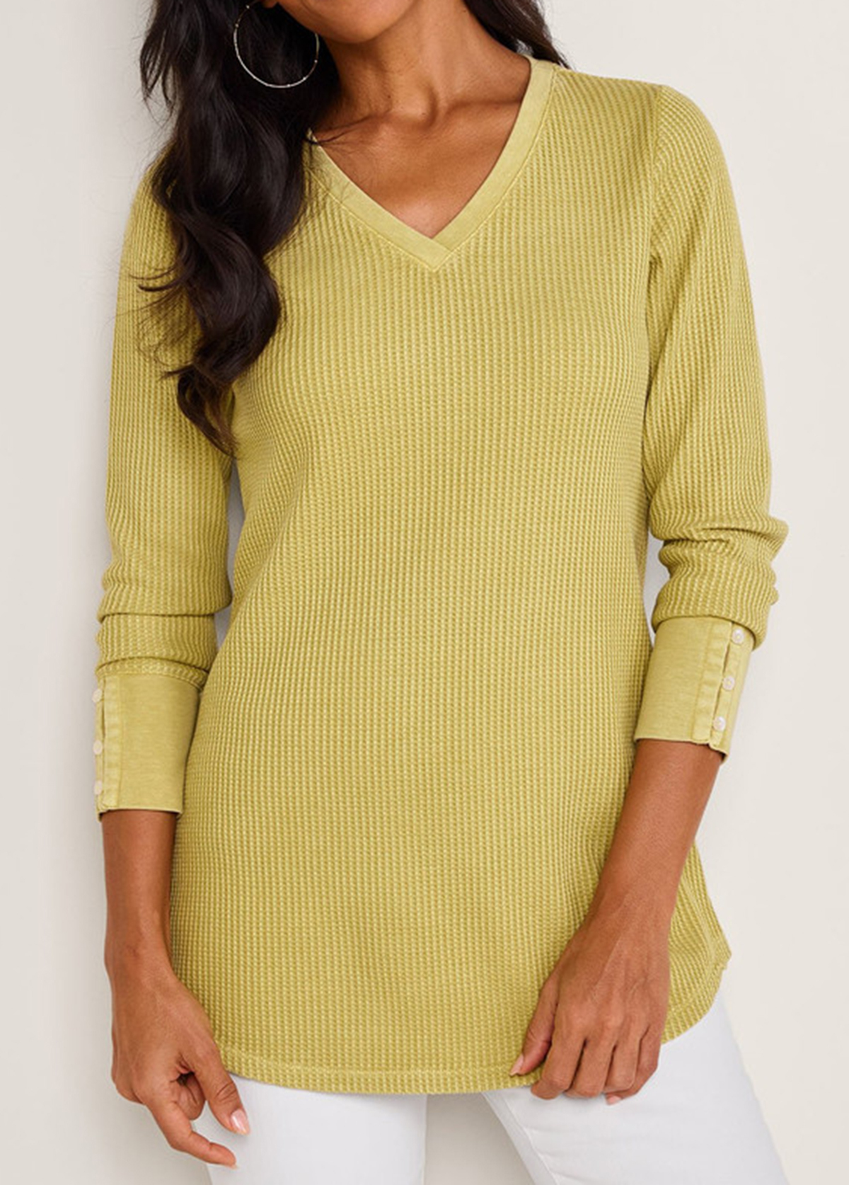 Classic Waffle Waisted Slimming Buttoned Cuffs Tunic