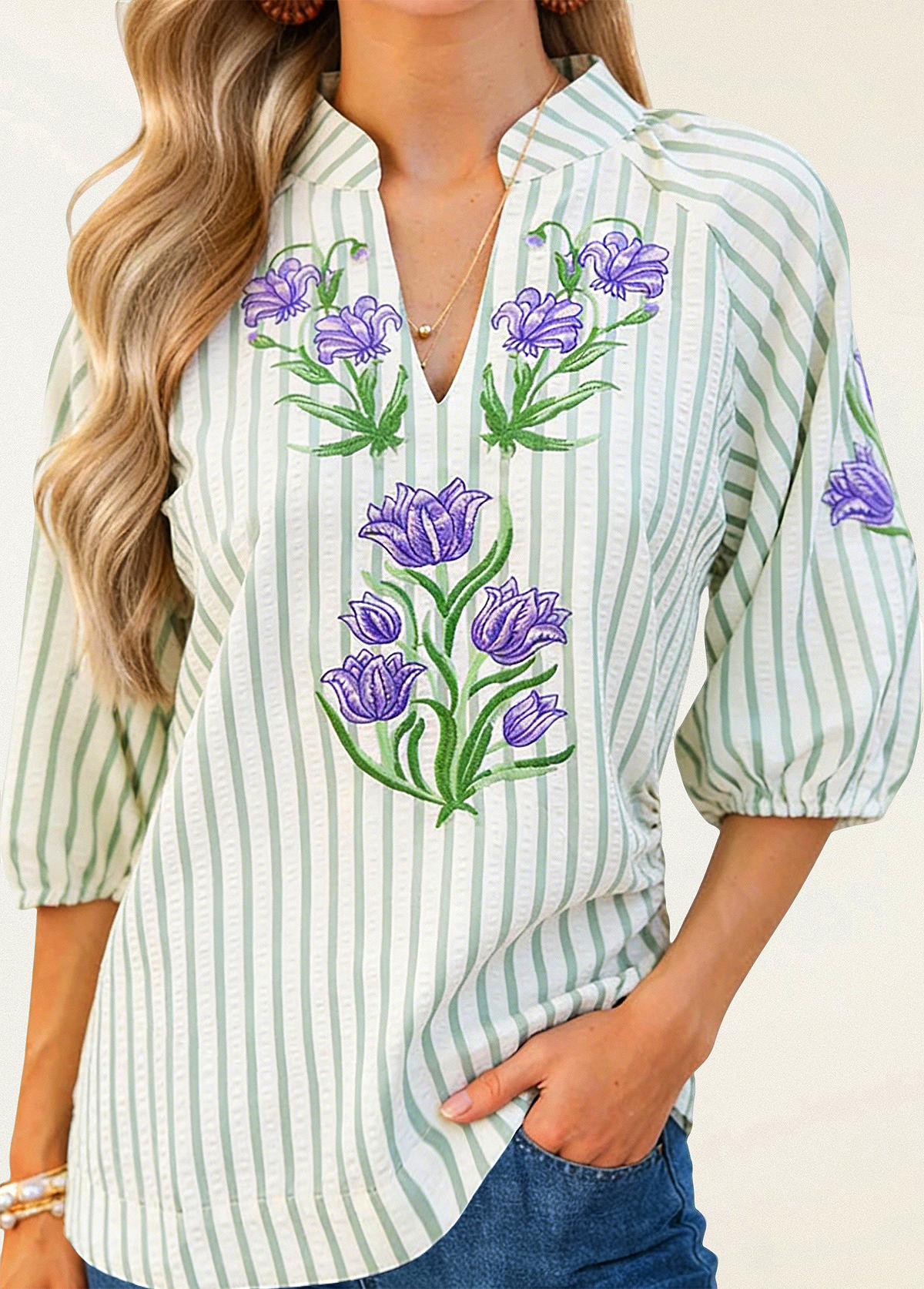 Texture Striped Sage Embroidered Blouse