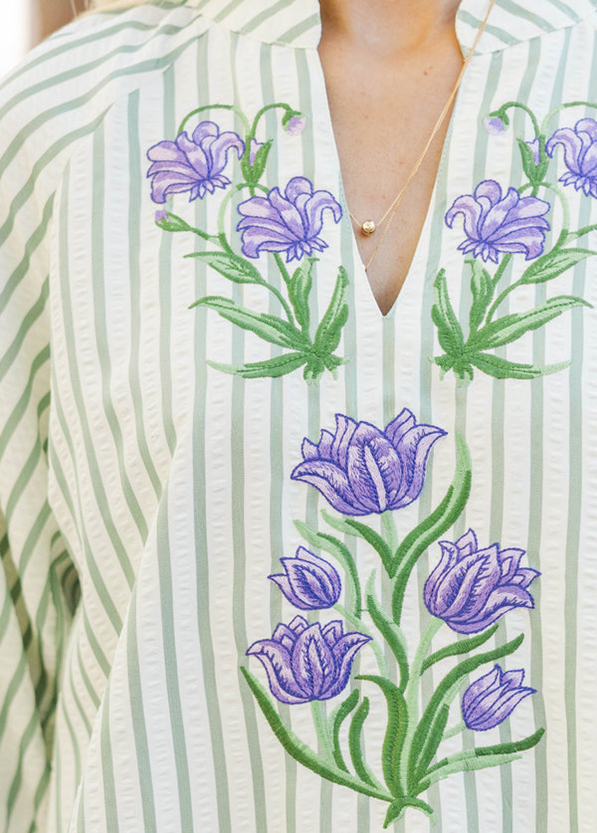 Texture Striped Sage Embroidered Blouse
