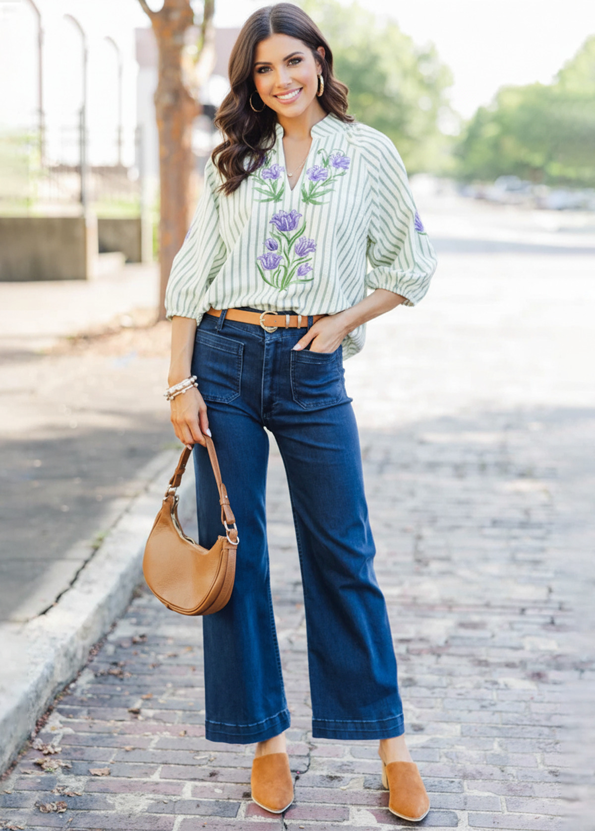 Texture Striped Sage Embroidered Blouse