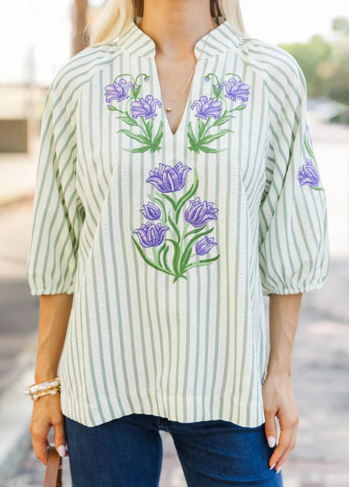 Texture Striped Sage Embroidered Blouse
