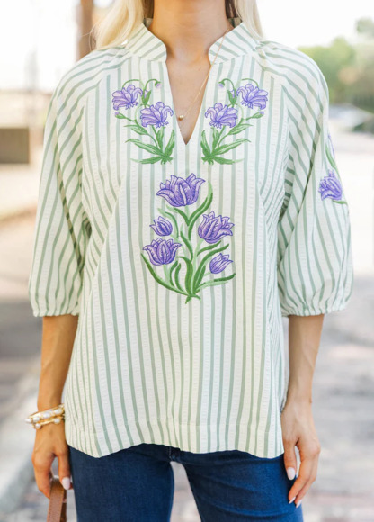 Texture Striped Sage Embroidered Blouse