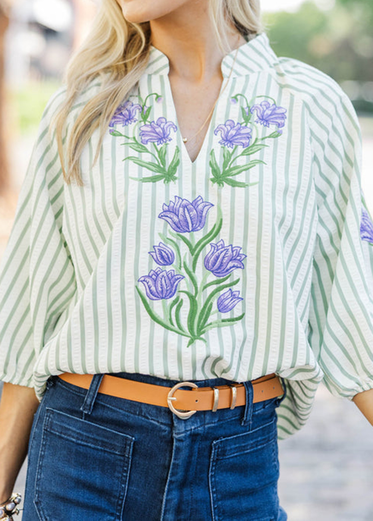 Texture Striped Sage Embroidered Blouse
