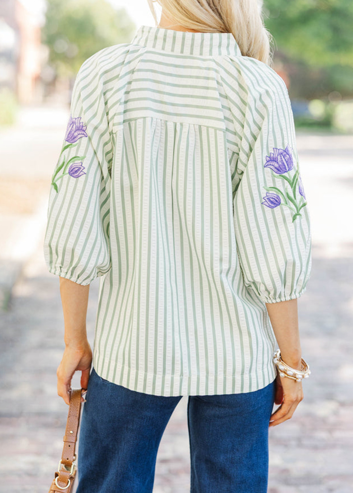 Texture Striped Sage Embroidered Blouse