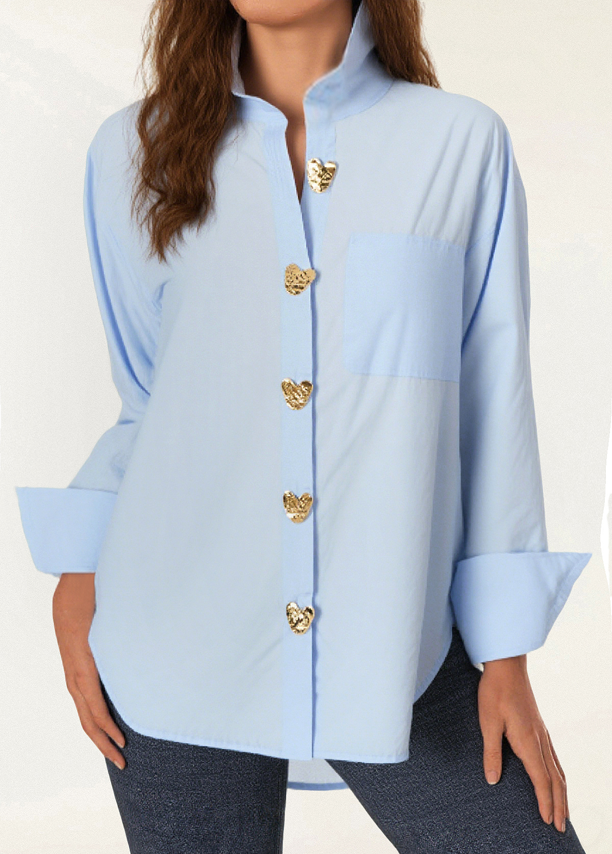 Classic Cotton Metal Heart-Shaped Button Shirt