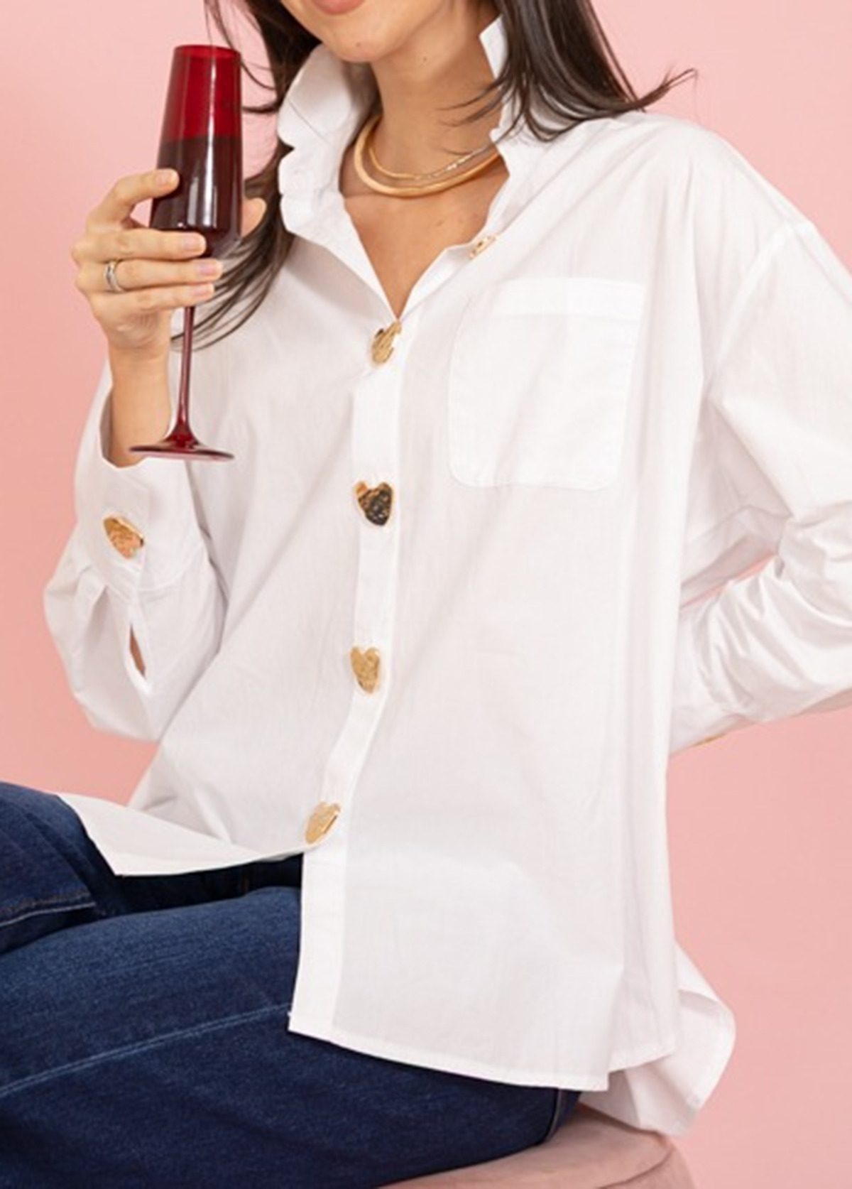 Classic Cotton Metal Heart-Shaped Button Shirt