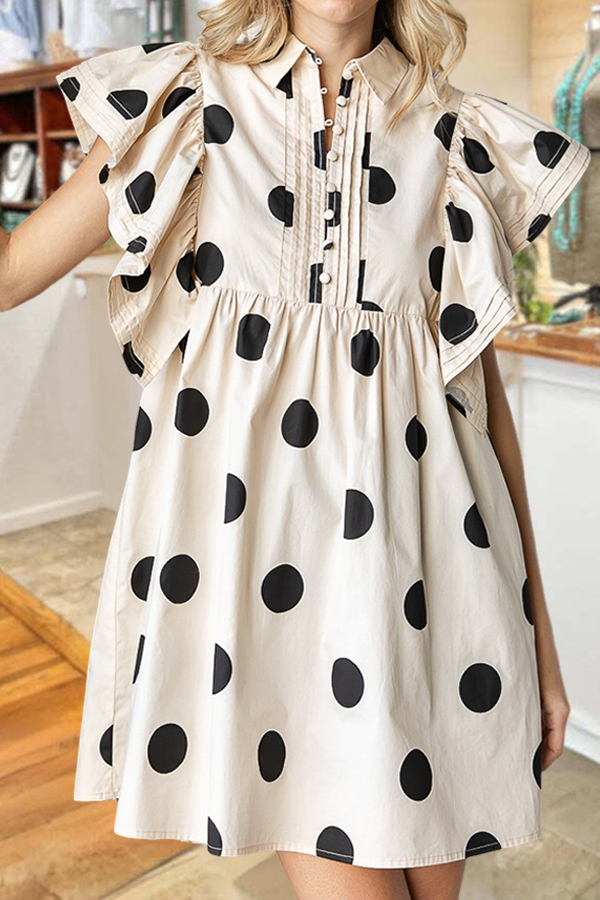 Retro Polka Dot Babydoll Dress With Ruffled Sleeves