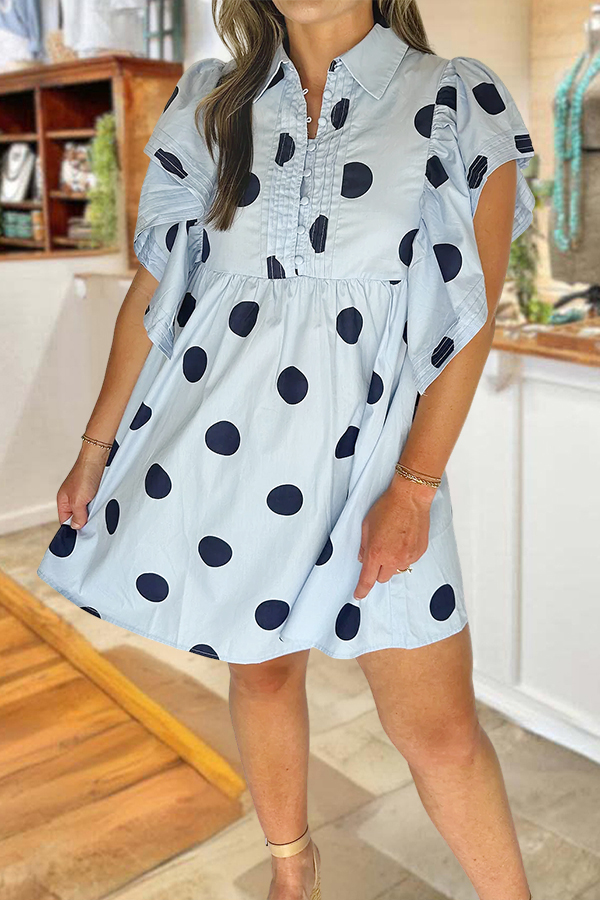 Retro Polka Dot Babydoll Dress With Ruffled Sleeves