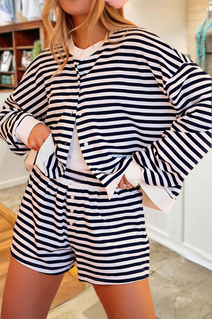 Classic Striped Cardigan And Shorts Set