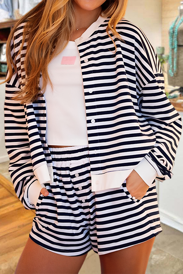 Classic Striped Cardigan And Shorts Set