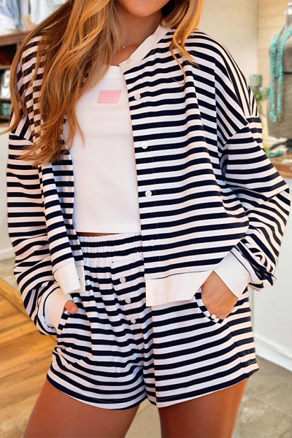 Classic Striped Cardigan And Shorts Set