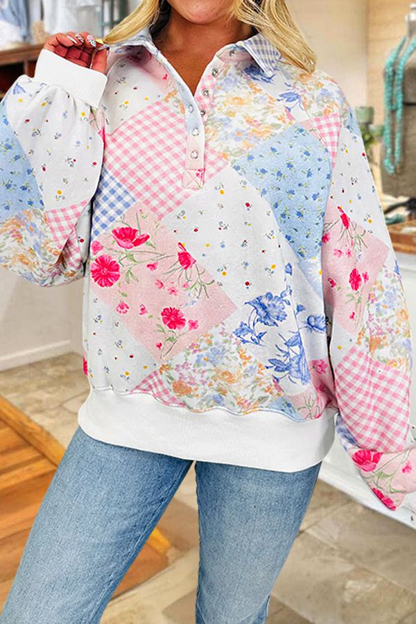 Pastoral Floral Print Polo Neck Sweatshirt