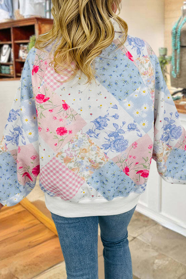 Pastoral Floral Print Polo Neck Sweatshirt