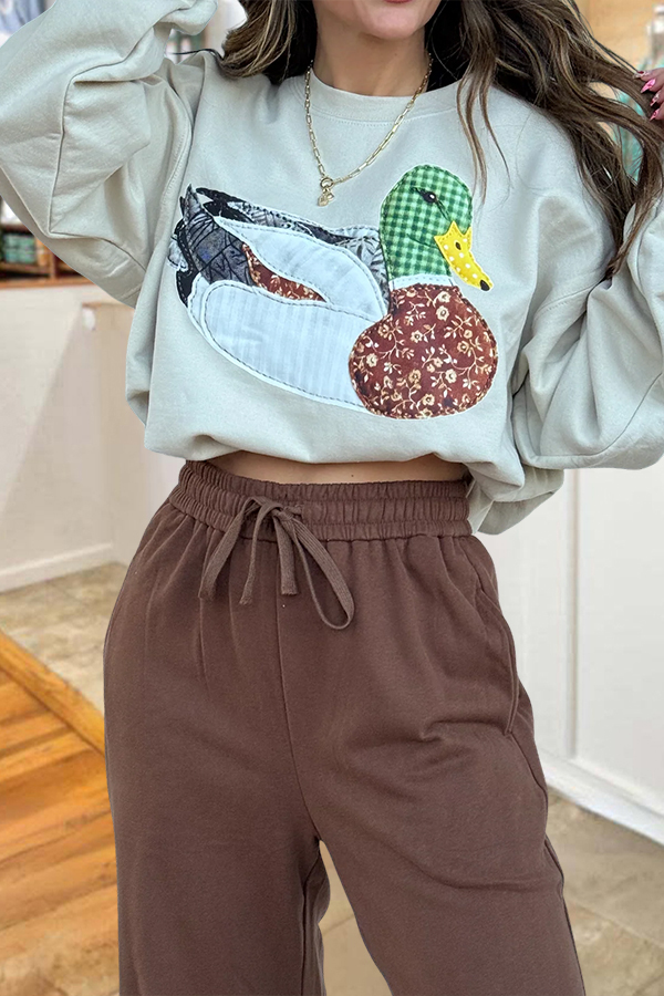 Pastoral-Style Sweatshirt With Colorful Wild Duck Pattern