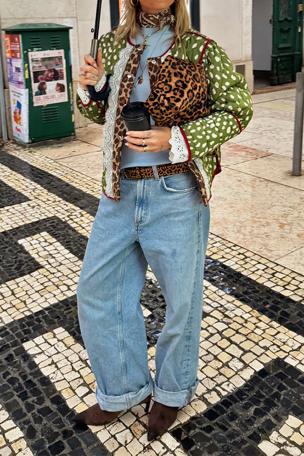 Leopard Lace Patchwork Quilted Reversible Lightweight Jacket