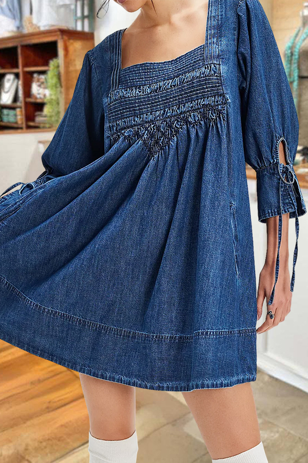 Cute Denim Gathered Drawstring Cuff Mini Dress