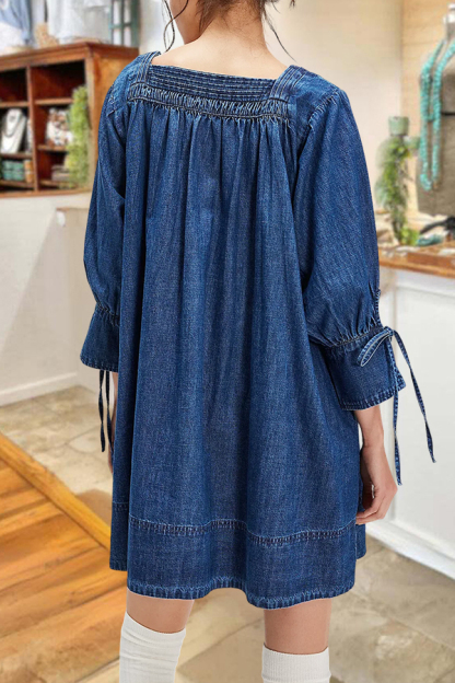 Cute Denim Gathered Drawstring Cuff Mini Dress