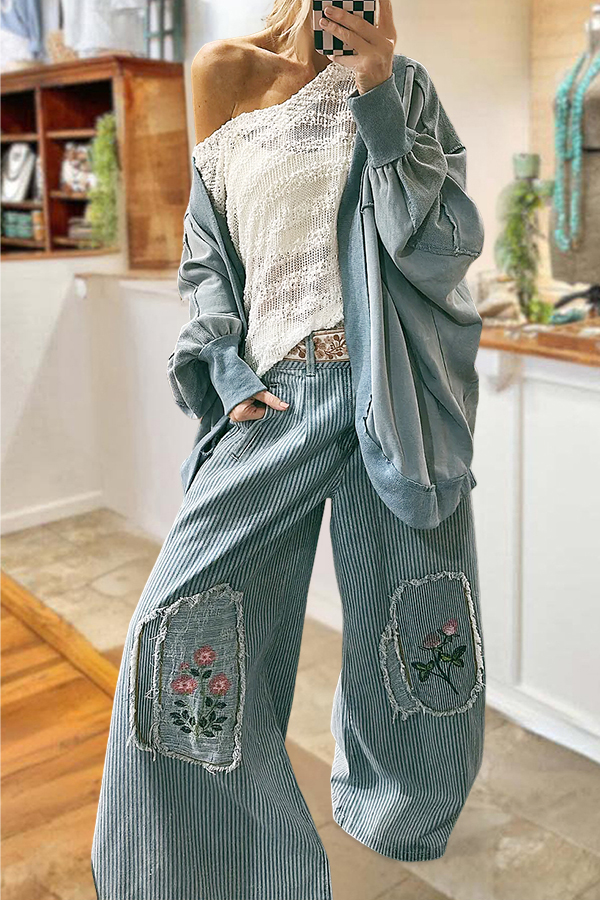 Denim Wide-Leg Pants With Floral Patches