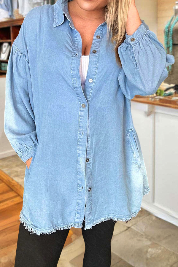 Casual Denim Frayed Edges Puff Sleeves Shirt