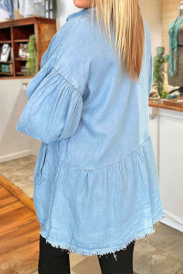 Casual Denim Frayed Edges Puff Sleeves Shirt