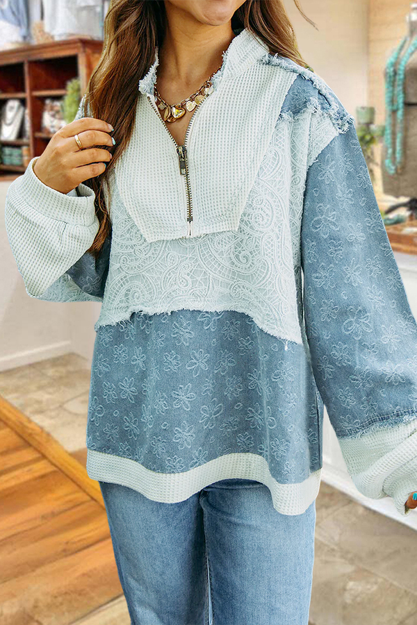Women's top | Denim Crochet Lace Patchwork Pullover With Zipper |ladyboutiquebd