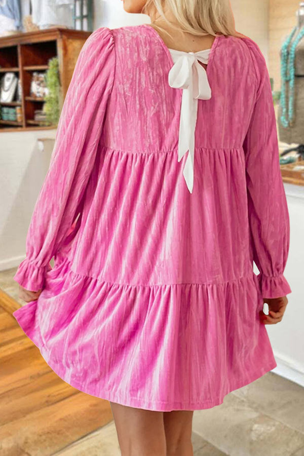 Sweet Draped Velvet Tie Ruffled Sleeves Dress